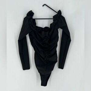 Zara Ruffled Ruched Romantic Bodysuit In Black